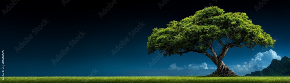 Solitary Tree Against a Dark Sky: A single majestic tree stands tall against a backdrop of a deep blue sky, with wispy clouds adding a touch of mystery to the scene. The tree's silhouette. Solitary Tree Against a Dark Sky: A single majestic tree stands tall against a backdrop of a deep blue sky, with wispy clouds adding a touch of mystery to the scene. The tree's silhouette.