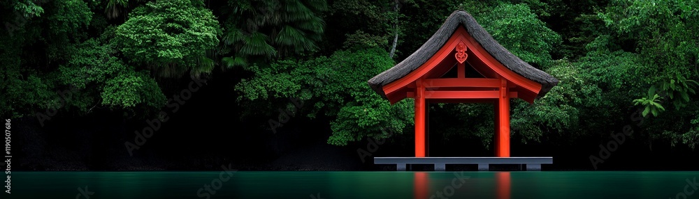 Serene Red Pavilion: A vibrant red torii-style pavilion stands serenely on a tranquil, dark-green lake, nestled amongst lush, verdant foliage. The scene evokes a sense of peace and tranquility. Serene Red Pavilion: A vibrant red torii-style pavilion stands serenely on a tranquil, dark-green lake, nestled amongst lush, verdant foliage. The scene evokes a sense of peace and tranquility.