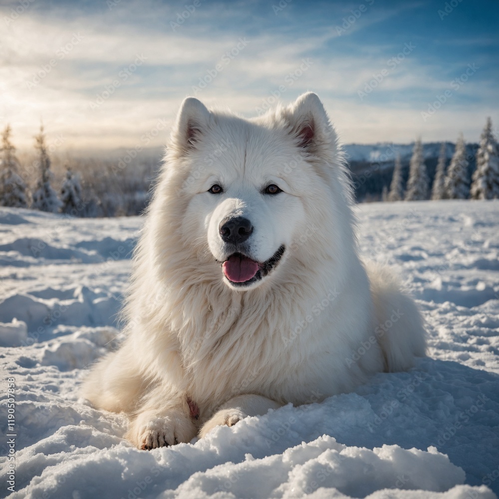 A fluffy Samoyed lying in a snowy landscape, looking happy. A fluffy Samoyed lying in a snowy landscape, looking happy.