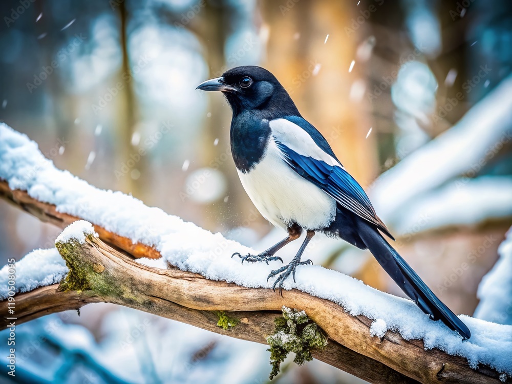 Black and White Magpie on Snowy Branch in Winter Forest - Architectural Photography Black and White Magpie on Snowy Branch in Winter Forest - Architectural Photography