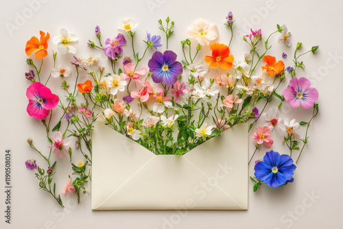Envelope filled with colorful flowers on a wooden table.