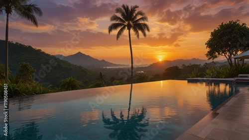 outdoor pool terrace of luxurious villa offers a breathtaking panoramic view of lush tropical landscape, with vibrant colors of sunrise casting a golden glow over tranquil clouds, Copy space.
