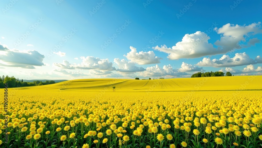 Fototapeta premium A vibrant, mid-sized field of golden sunflowers stretches across the landscape, basking under a clear sky. Each blossom stands tall and proud, creating a mesmerizing sea of yellow. Sunlight glints off