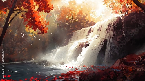 Autumn Waterfall Scene in a Tranquil Forest Setting