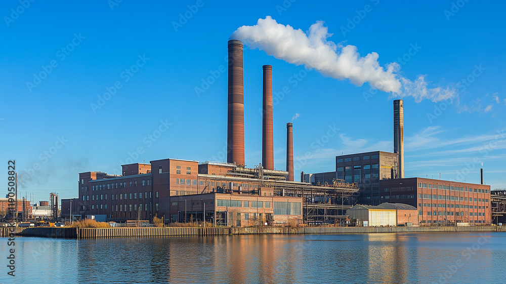 Large industrial smokestacks standing tall with smoke billowing out against a clear blue sky, symbolizing industrial progress. Ai generated Large industrial smokestacks standing tall with smoke billowing out against a clear blue sky, symbolizing industrial progress. Ai generated