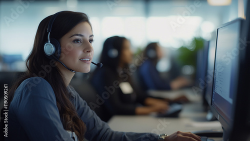Photo of a customer service team working in a call center office, with the focus on a woman wearing a headset and using a computer to serve customers. Ai generated