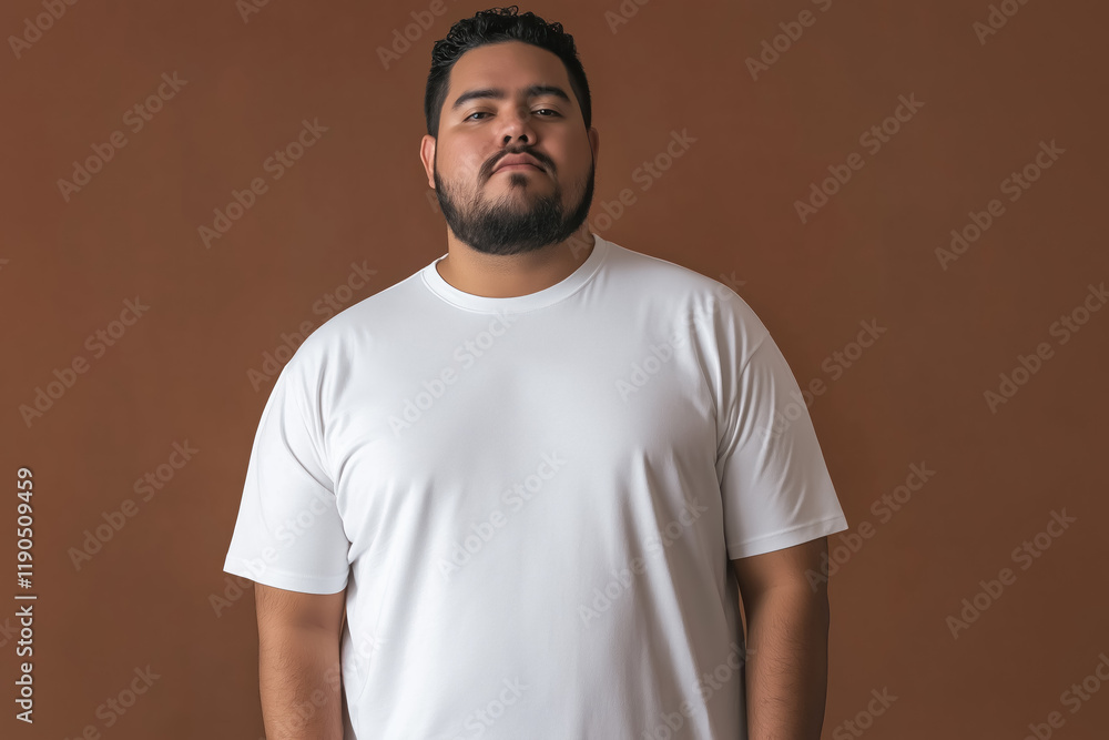 plus sized hispanic man in white t-shirt posing confidently against brown background plus sized hispanic man in white t-shirt posing confidently against brown background
