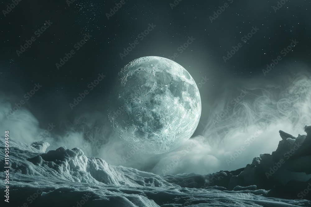 Fototapeta premium A large, full moon, resembling a topaz gemstone, illuminates a snowy, mountainous landscape under a starry sky, An otherworldly composition featuring the moon as the focal point