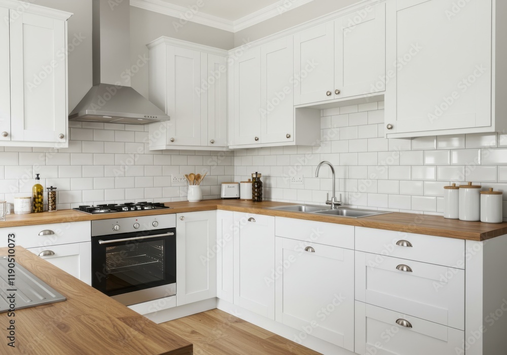 Fototapeta premium Modern white kitchen, subway tile backsplash, wooden countertops, stainless steel appliances, minimalist design, bright interior, clean aesthetic, open shelving, natural light, sleek hardware, farmhou