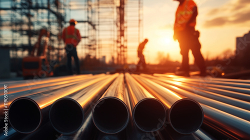 A collection of PVC pipes rests on an open lot, their clean edges catching the sunlight, with workers scaling scaffolding on an incomplete industrial building in the background. photo