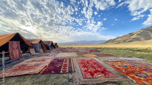 Vibrant Rugs Spread Across a Desert Landscape photo