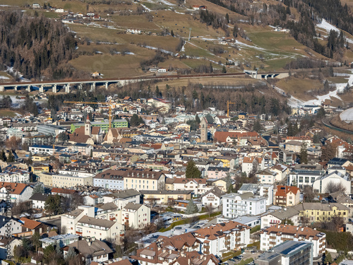 Aerial drone view of the mountain town named Sterzing in the Italian Dolomites. photo