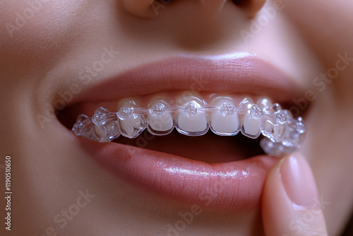 Close-up of a smiling woman showcasing her clear aligners, focusing on modern cosmetic dentistry.  photo