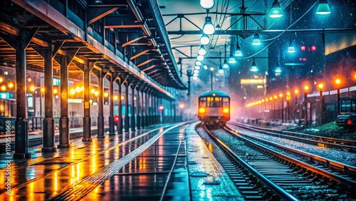 Wallpaper Mural Blurred Motion: Japanese Train Station at Night - Stock Photo Torontodigital.ca