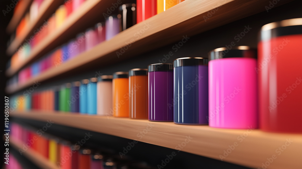 Rows of sleek paint cans featuring vivid color options rest on a warm wooden shelf, with ambient lighting casting gentle shadows in a stylish home improvement store setting.