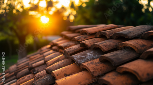 A rustic pile of clay roofing tiles catches the soft light of an early morning sun, their earthy tones harmonizing with the surrounding natural elements. photo