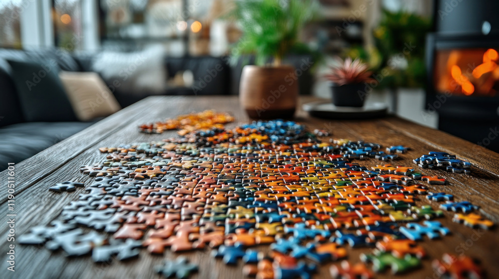 A puzzle halfway completed on a brightly lit dining table, with neatly arranged pieces nearby A puzzle halfway completed on a brightly lit dining table, with neatly arranged pieces nearby