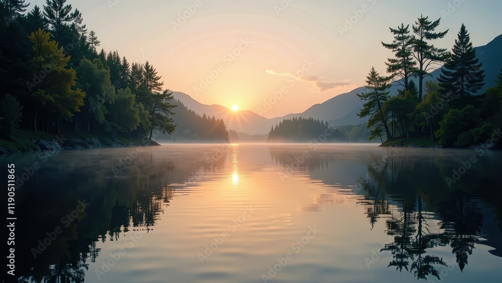 Fototapeta premium Golden sunrise paints the sky as its rays kiss the serene lake's mirrored surface, casting warm hues across the tranquil waters. A moment of peace envelops the scene at dawn