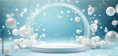 Geometric elements and white spheres encircle a blue gradient podium.