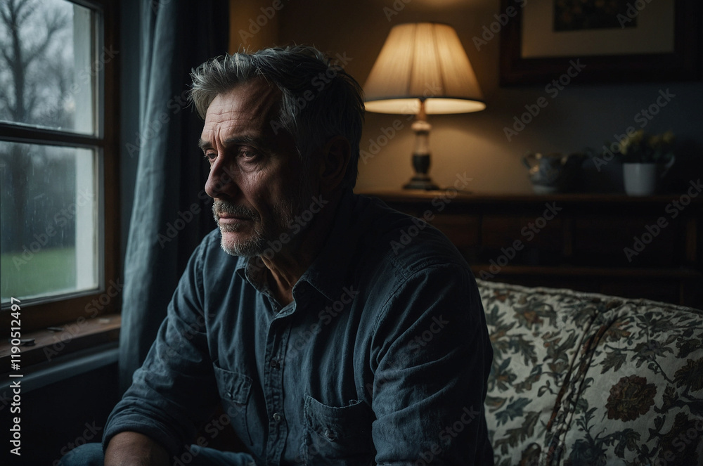 Obraz premium A man sits alone in his dimly lit house, feeling sad, solitude and stressed.