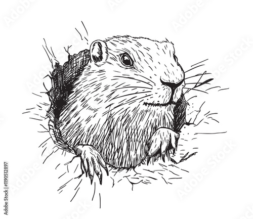 Cute Groundhog, who came out of his burrow. Sketch. Groundhog with fluffy fur sitting on a meadow. Cute little wild animal sitting in a hole