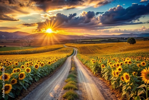 Andalusian Sunset: Sunflower Fields & Rural Road in Almargen photo