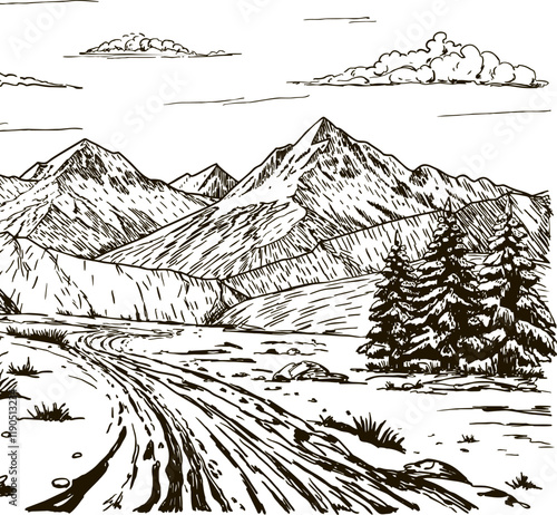 Mountain with pine trees and landscape black on white background. Alpine landscape, forest and mountains ranges. Hand drawn rocky peaks in sketch style
