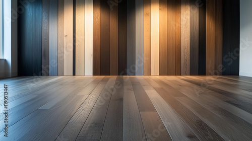 Wallpaper Mural High-quality laminate flooring samples arranged in a gradient pattern from light oak to deep walnut, each plank showcasing its intricate grain texture under soft studio lighting. Torontodigital.ca