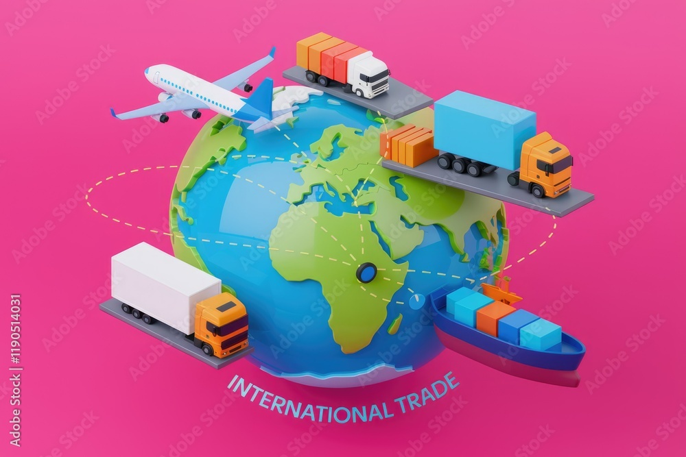 Fototapeta premium Global trade visualized with airplanes, trucks, and cargo ships transporting goods across the world.