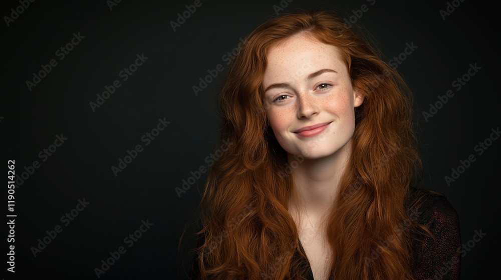Woman with red hair and freckles smiling on dark background. Beauty and portrait content Woman with red hair and freckles smiling on dark background. Beauty and portrait content