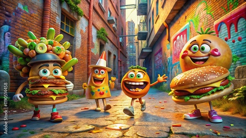 Animated Food Party: Urban Exploration Fun!  A whimsical gathering of food characters celebrating in a forgotten, urban setting. photo