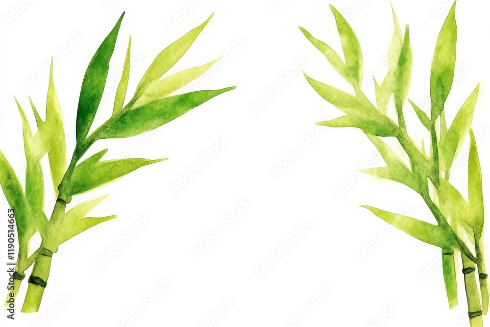 Obraz premium A pair of green bamboo branches, showcasing their slender leaves and vibrant color, ideal for natural and botanical themes.