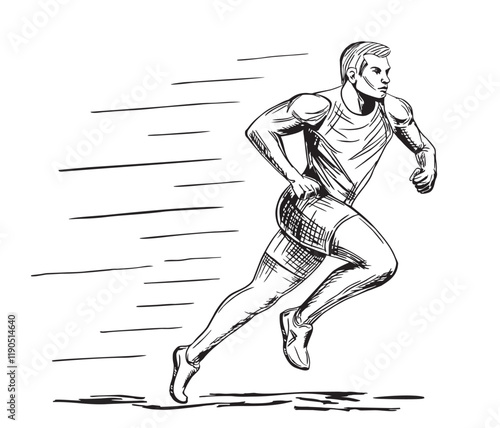 Running man, isolated silhouette, ink drawing. Athlete running, sports illustration isolated in white background. Run, front view male runner. Striving forward, achievements