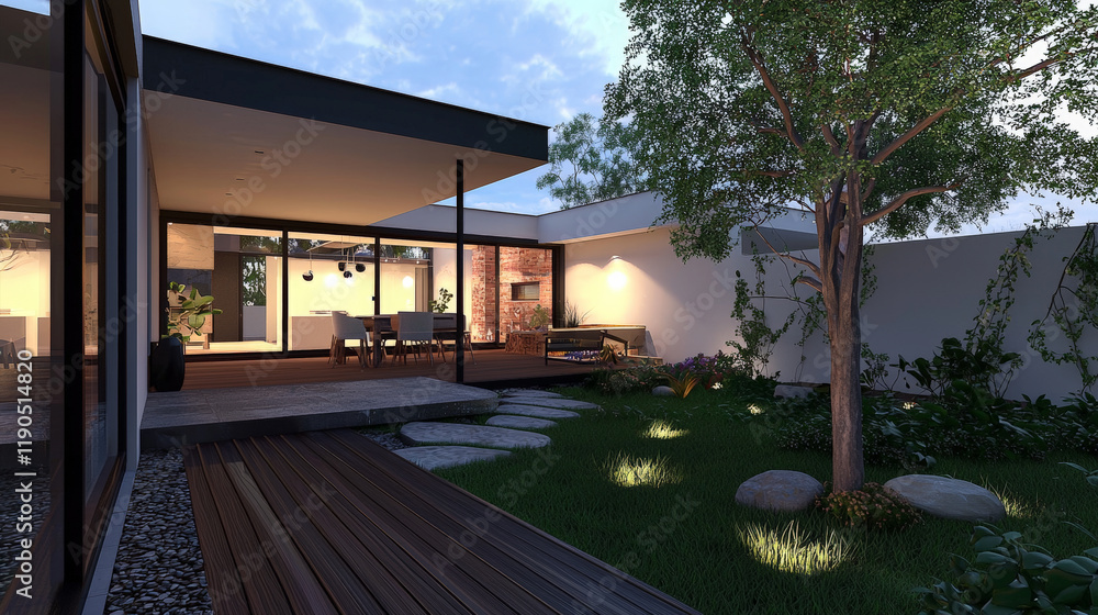 Fototapeta premium A sleek and contemporary home extension featuring a stylish deck, inviting patio, and a landscaped courtyard. Generative AI