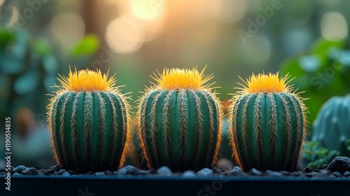 Three green cacti with yellow flowers stand side by side in soft sunlight photo