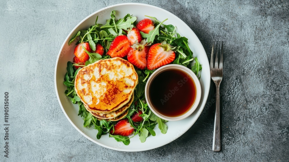 A vibrant plate featuring pancakes on a bed of arugula, garnished with fresh strawberries and accompanied by a small bowl of syrup. A vibrant plate featuring pancakes on a bed of arugula, garnished with fresh strawberries and accompanied by a small bowl of syrup.