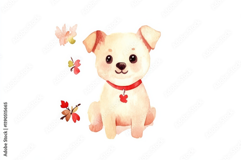 Fototapeta premium A cute, cartoon-style puppy sits surrounded by flowers and butterflies, exuding warmth and playfulness.