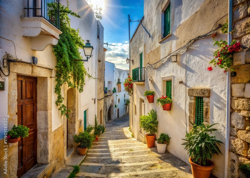 Naklejka premium Charming Alleyway in Peschici, Puglia, Italy: Sunlit Stone Buildings and Copy Space