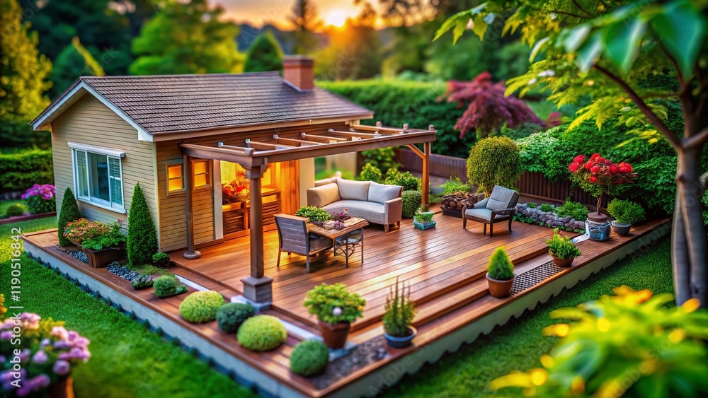 Obraz premium Charming Backyard: Spacious Wooden Deck, Patio, & Pergola - Tilt-Shift Photography