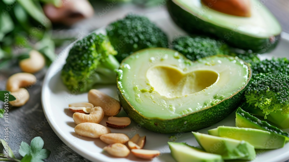 Heart-shaped avocado slice on white plate with fresh greens and nuts, representing healthy cholesterol and nutritious diet concepts. Heart-shaped avocado slice on white plate with fresh greens and nuts, representing healthy cholesterol and nutritious diet concepts.