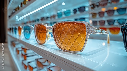 Luxury sunglasses with diamond accents displayed on a shelf. photo