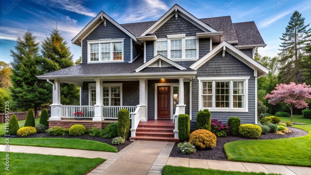 Charming Gray House with Stone Walkway and Lush Landscaping - Stock Photo Charming Gray House with Stone Walkway and Lush Landscaping - Stock Photo
