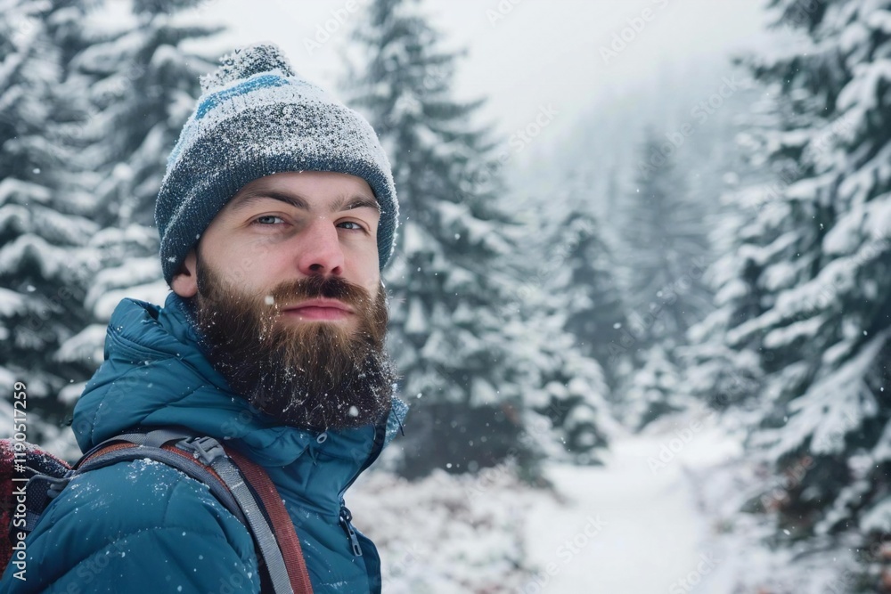 Handsome Caucasian Man with Beard in Winter Wonderland: Snow-Covered Fir Trees in Forest with Path Handsome Caucasian Man with Beard in Winter Wonderland: Snow-Covered Fir Trees in Forest with Path