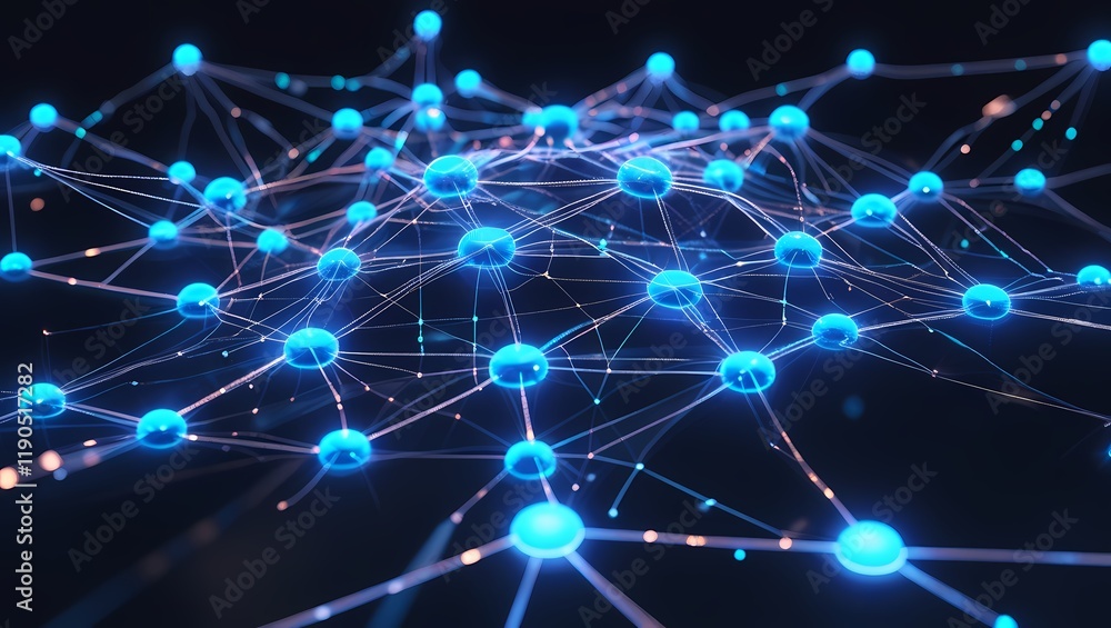 Fototapeta premium Abstract AI Network with Blue Light Illuminated Interconnected Nodes