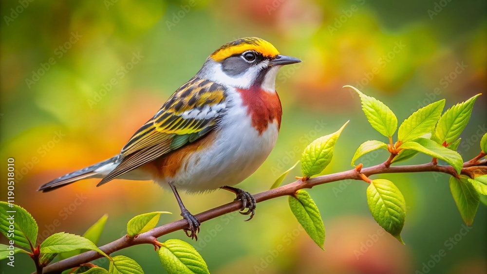 Fototapeta premium Chestnut-sided Warbler in Spring Woods - Panoramic Migration Photo