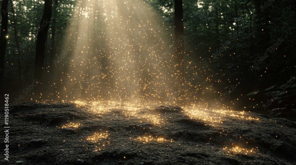 Naklejka premium Magical sunbeams illuminating forest floor dust.