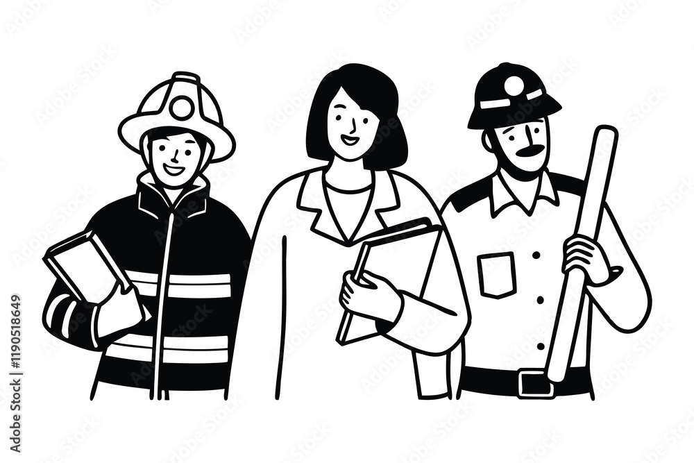 Black and White Illustration of Three People in Uniform, Firefighter, Police Officer, and Construction Worker, Professional People, Workers, Line Art vector clipart illustration. Black and White Illustration of Three People in Uniform, Firefighter, Police Officer, and Construction Worker, Professional People, Workers, Line Art vector clipart illustration.