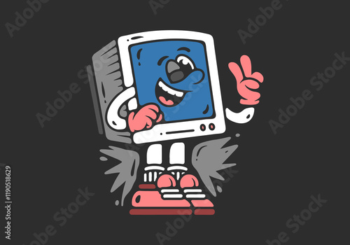 Getting old no problem. Box monitor character with happy expression, illustration