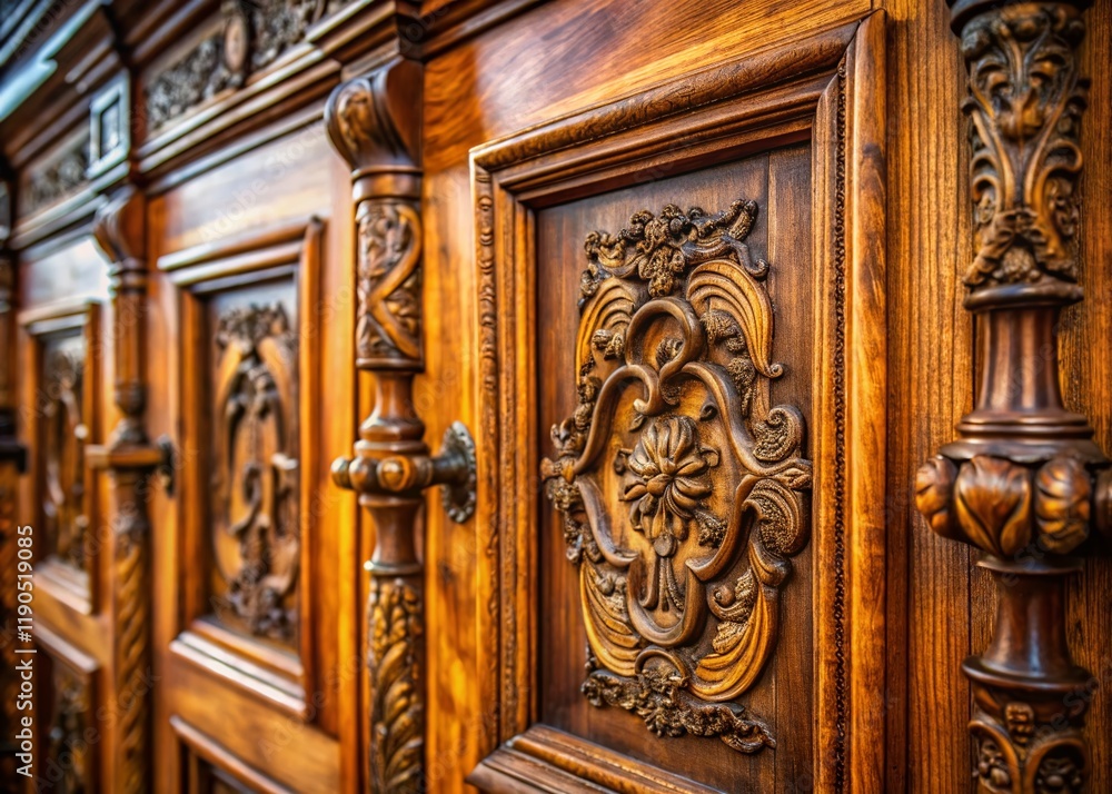 Antique Wooden Cabinet Doors: Close-up of Intricate Engraved Details Antique Wooden Cabinet Doors: Close-up of Intricate Engraved Details