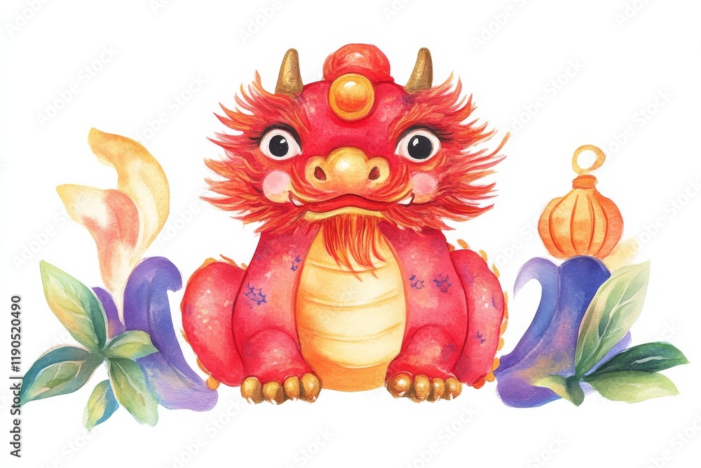 A vibrant, whimsical illustration of a red dragon with expressive features, surrounded by colorful foliage and decorative elements. A vibrant, whimsical illustration of a red dragon with expressive features, surrounded by colorful foliage and decorative elements.